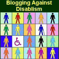 The Blogging Against Disablism image, 20 stick figures, some with symbols representing impairments